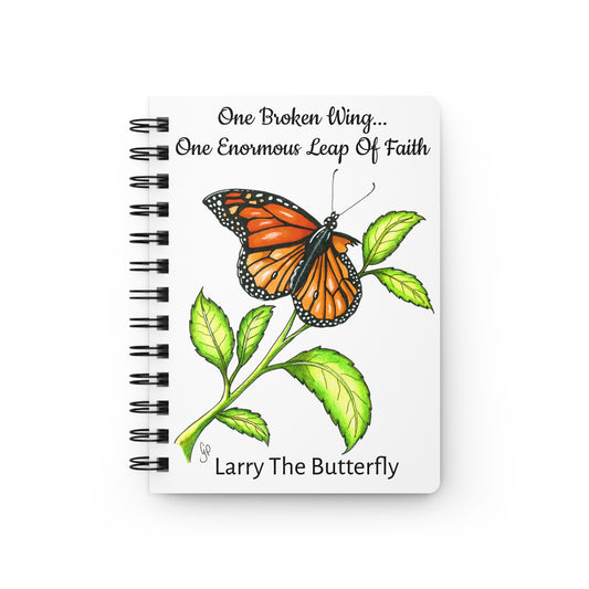 Larry the Butterfly monarch illustration on the cover of a spiral bound journal