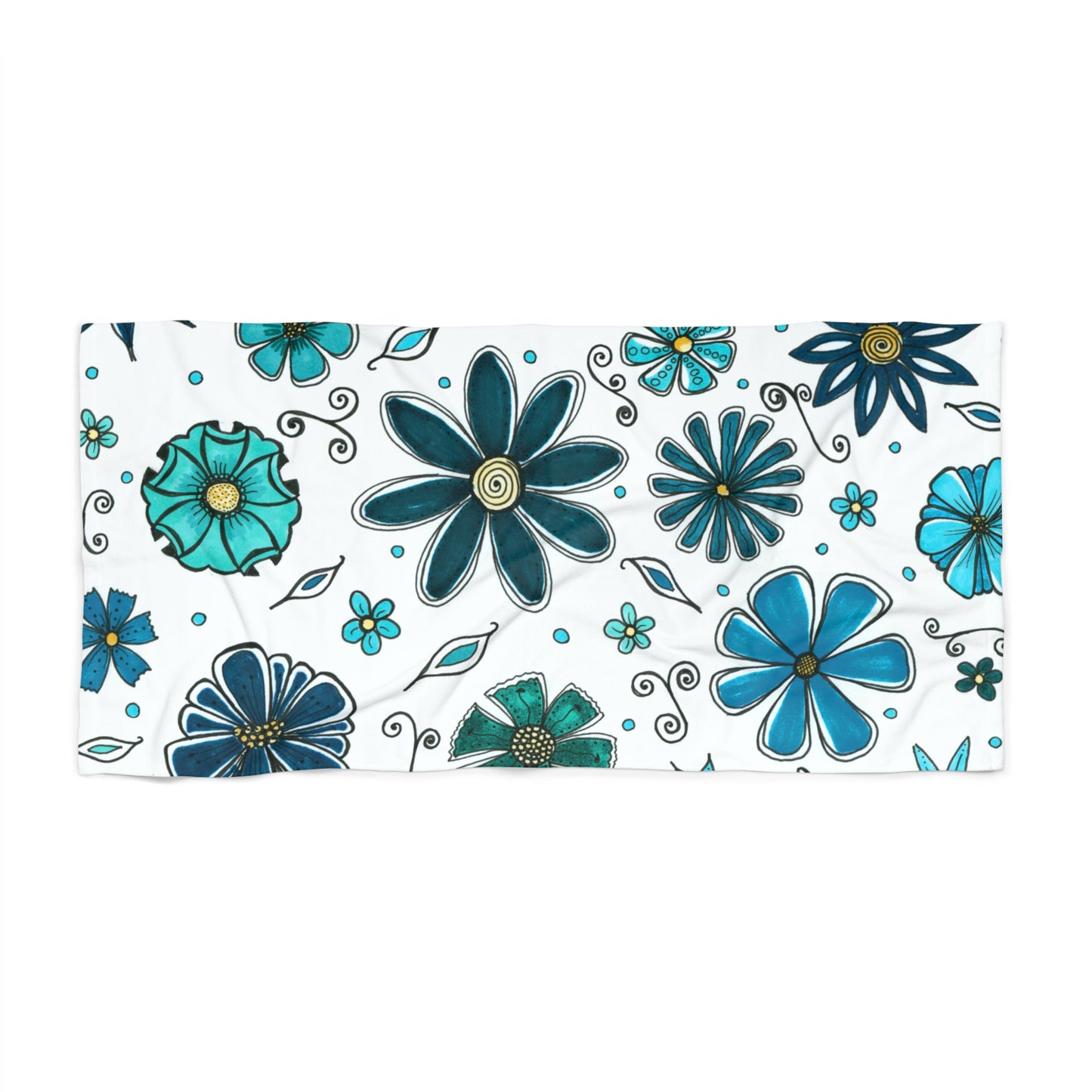 Blue Retro Flowers Beach Towel