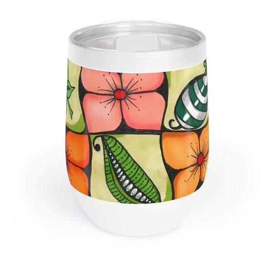 All-over hand-drawn flowers on an insulated stemless wine tumbler