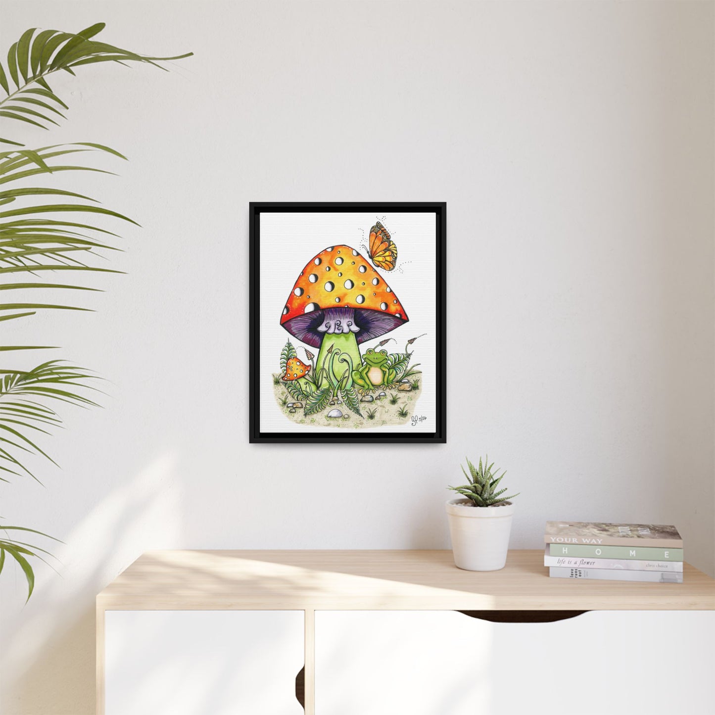 Froggy Loves Mushrooms Matte Canvas, Framed (Multi-color)