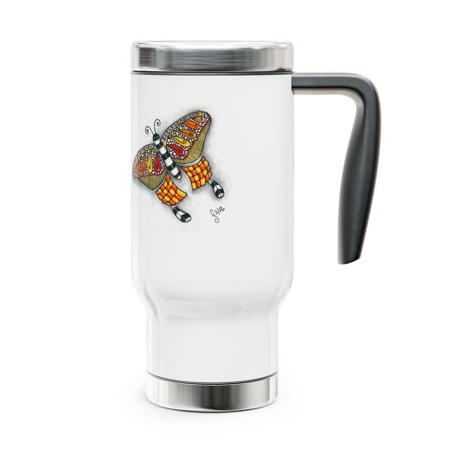 Butterfly Stainless Steel Travel Mug with Handle, 14oz
