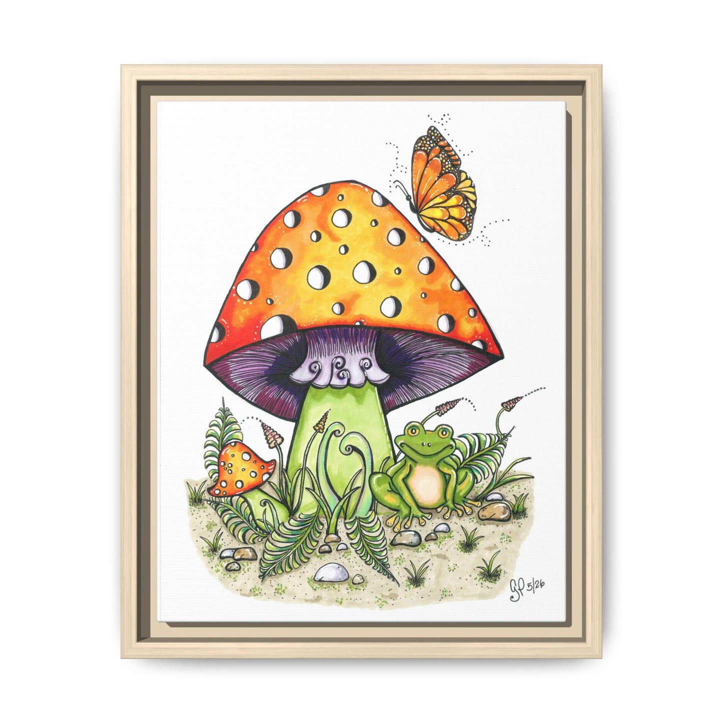 Froggy Loves Mushrooms Matte Canvas, Framed (Multi-color)