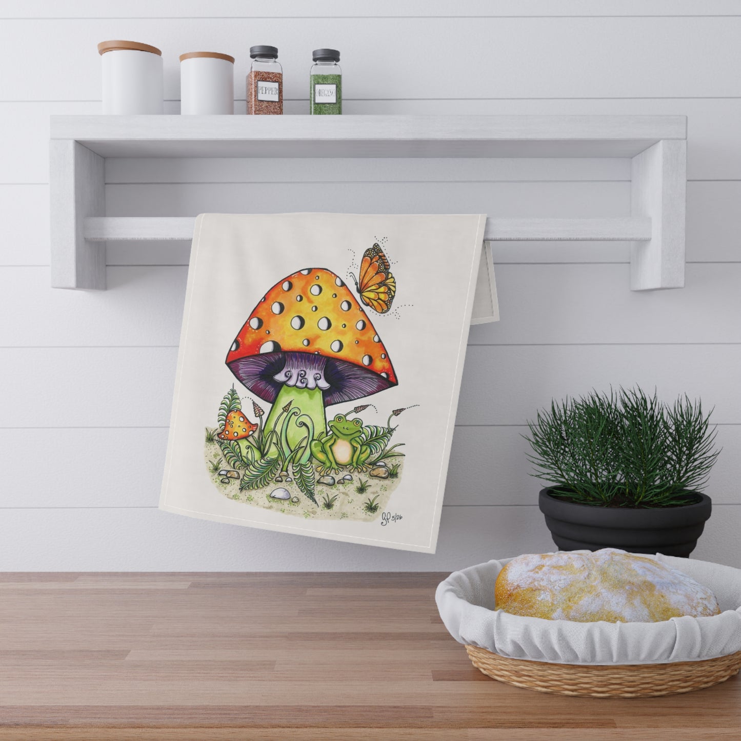 Froggy Loves Mushrooms Tea Towel