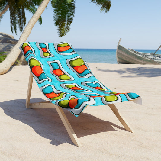 Funky Beans colorful print on a large microfiber beach towel