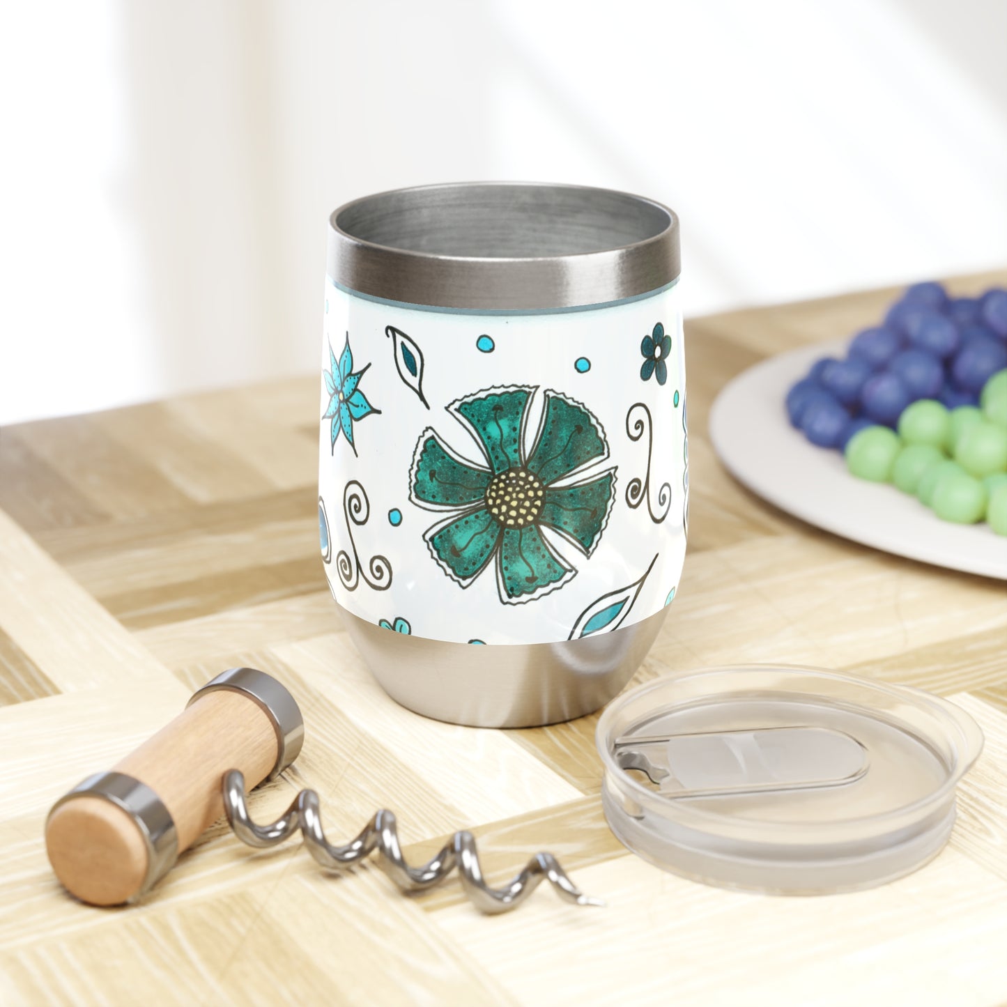 Retro Blue Flowers Chill Wine Tumbler