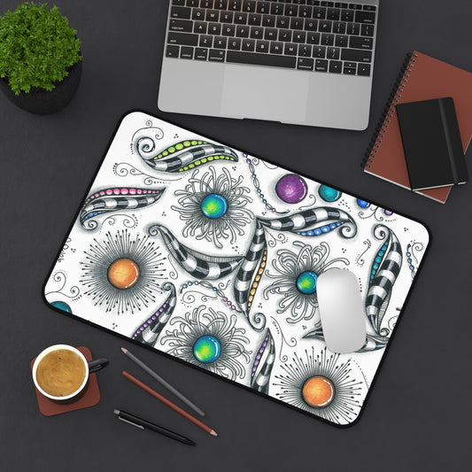 Colorful boho zentangle print on a large desk mat and mouse pad