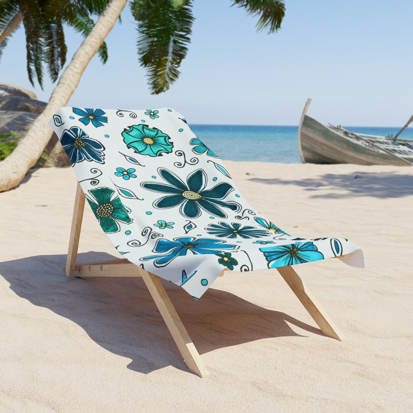 Blue Retro Flowers Beach Towel