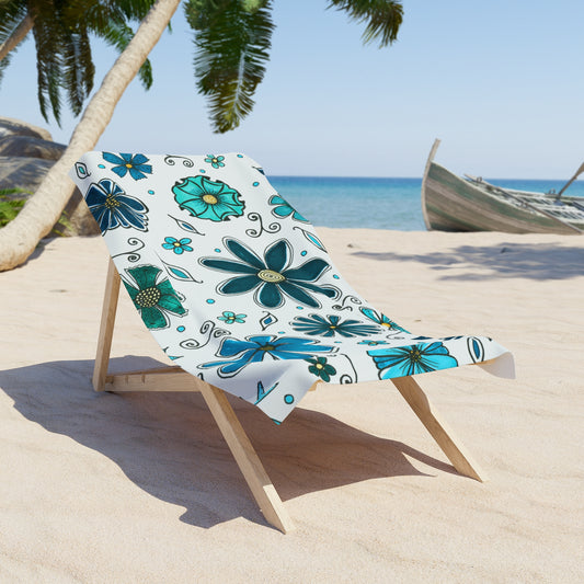 Blue retro flower print on a large microfiber beach towel