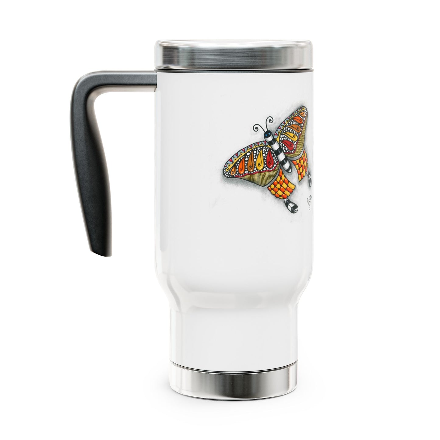 Butterfly Stainless Steel Travel Mug with Handle, 14oz