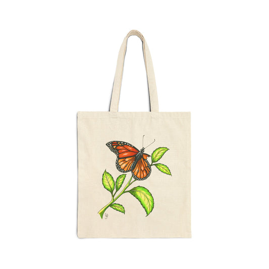 Larry the Butterfly monarch illustration on a natural cotton canvas tote bag