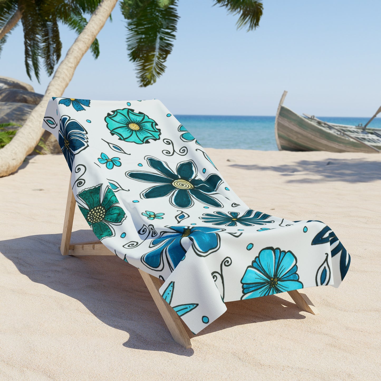 Blue Retro Flowers Beach Towel