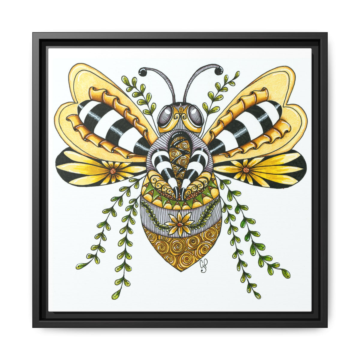 Framed matte canvas kitchen wall art of a hand-drawn queen bee