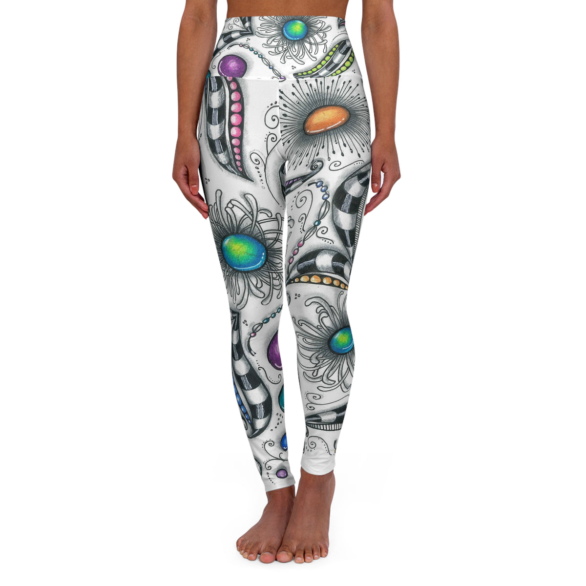 Colorful boho zentangle print on high waisted yoga leggings