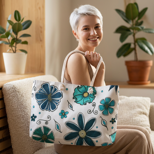 Blue retro flower print on a large weekender overnight travel bag