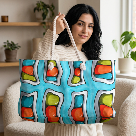 Funky Beans colorful print on a large weekender overnight travel bag