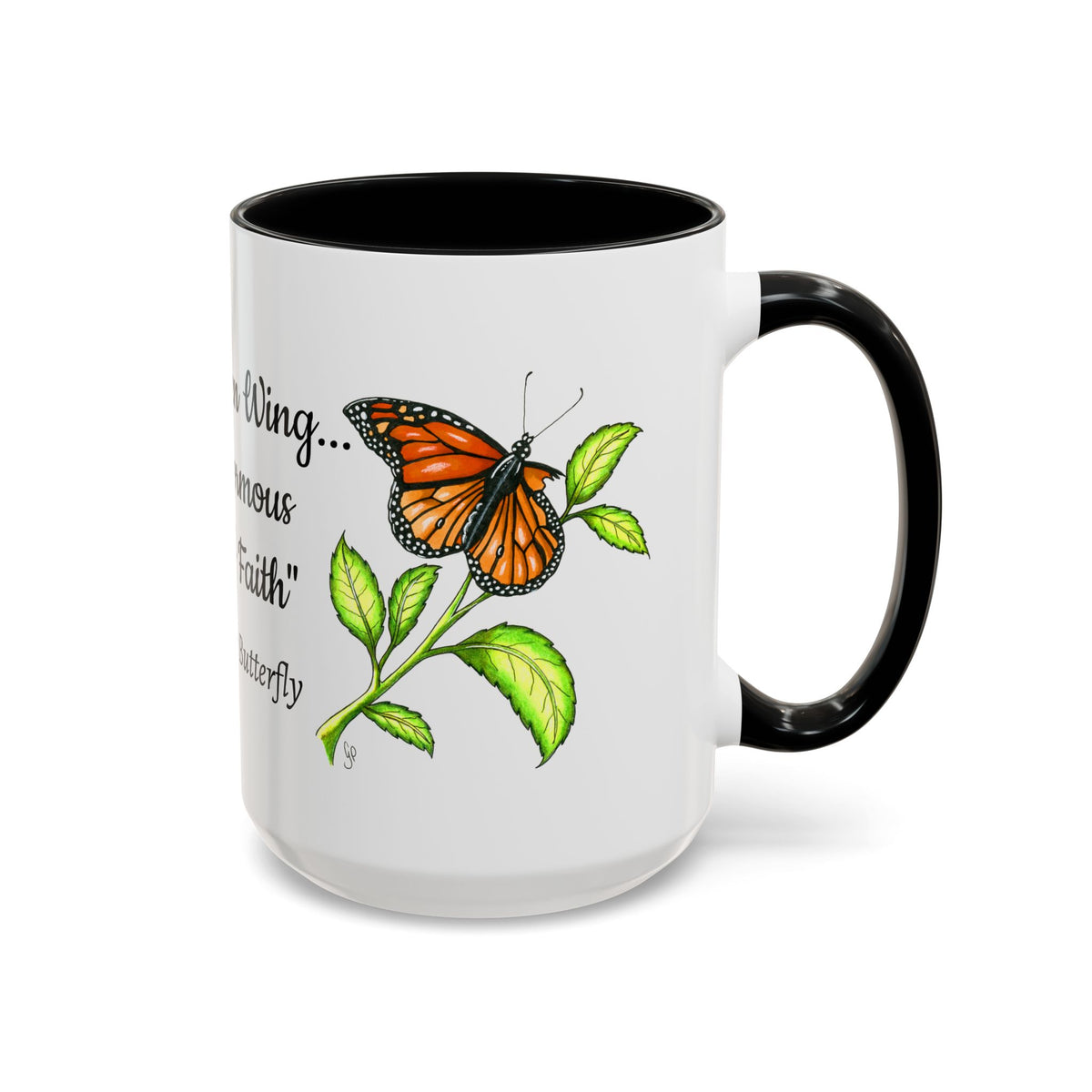 Larry the Butterfly monarch illustration on a two-tone accent ceramic coffee mug
