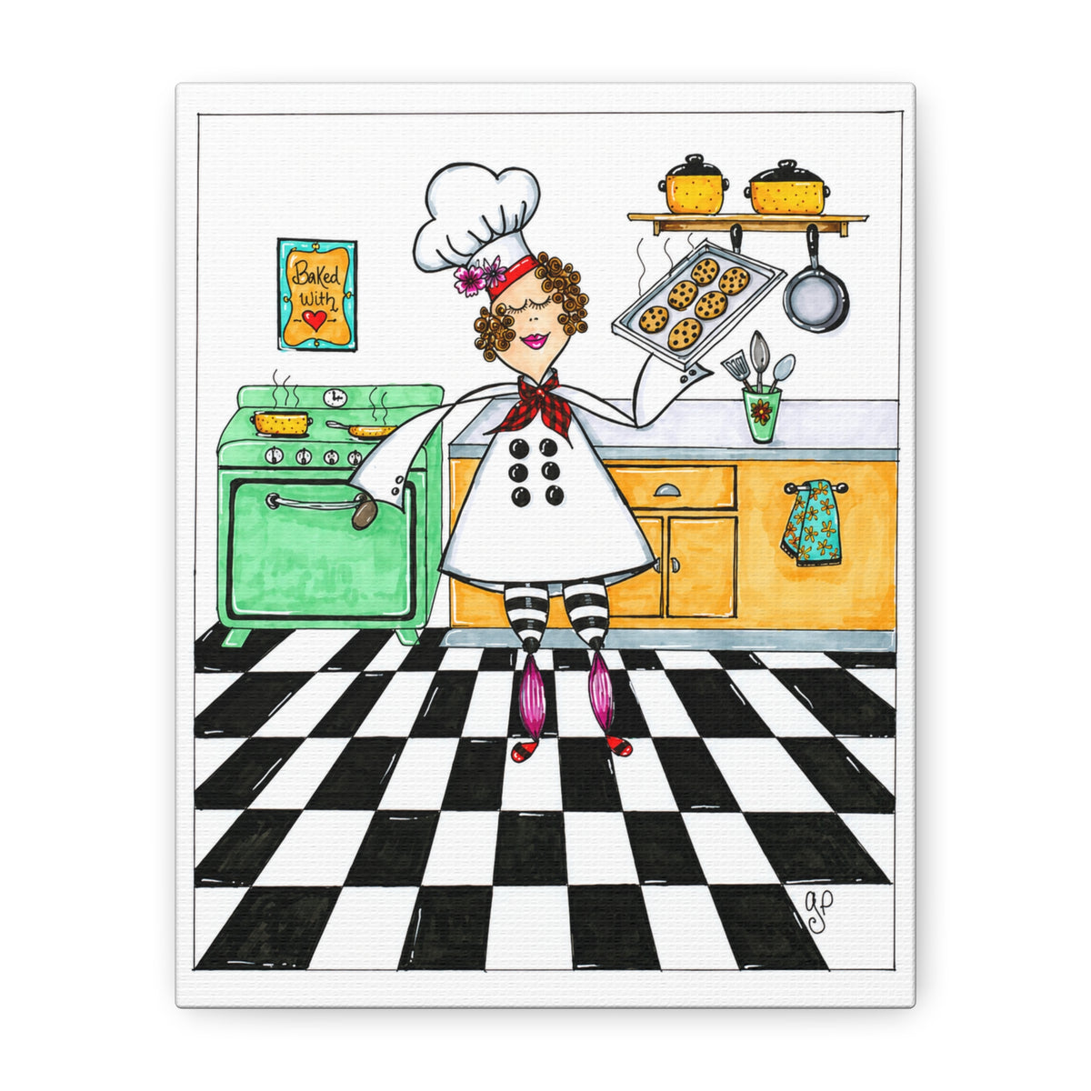 Stretched matte canvas kitchen wall art of the hand-drawn She Bakes design