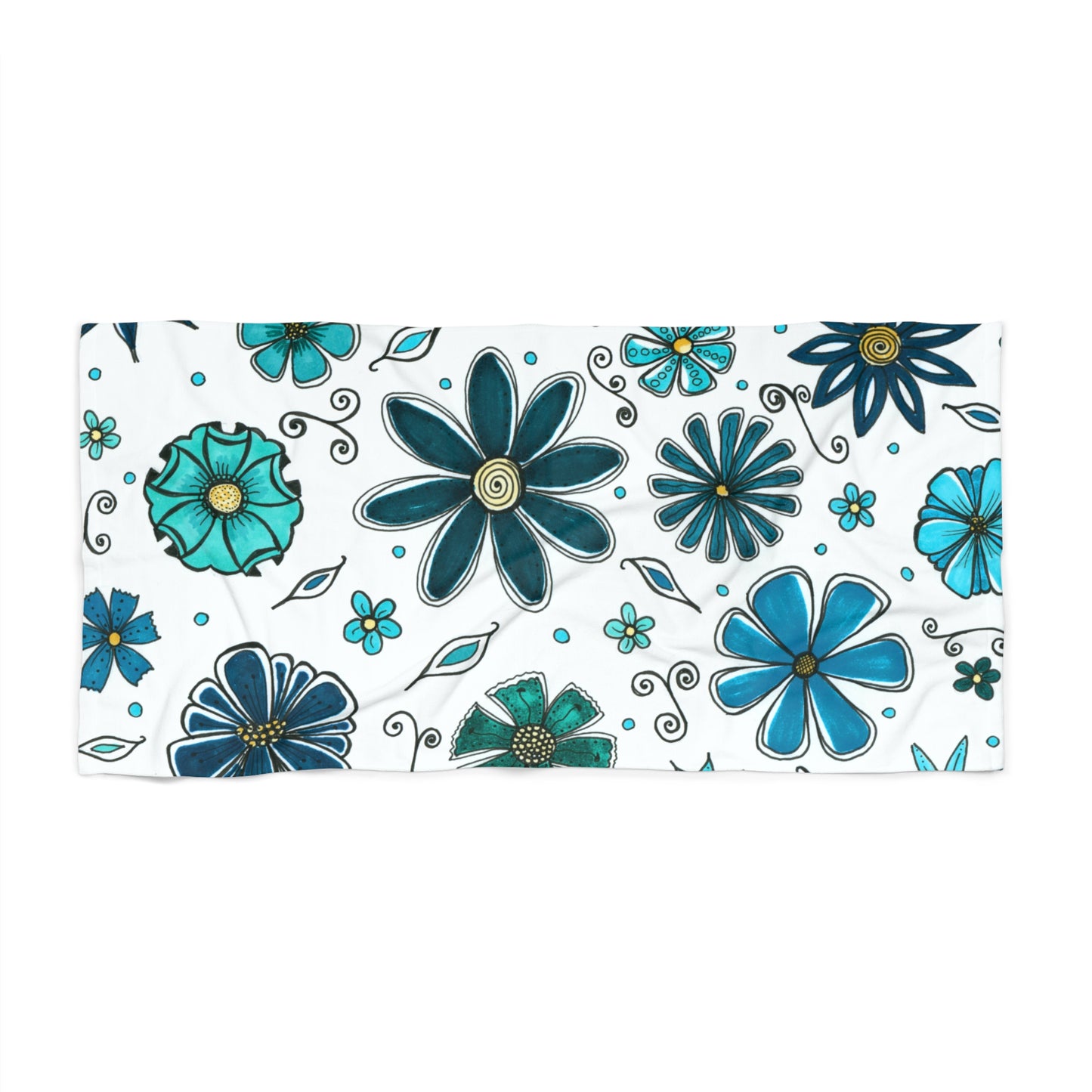 Blue Retro Flowers Beach Towel