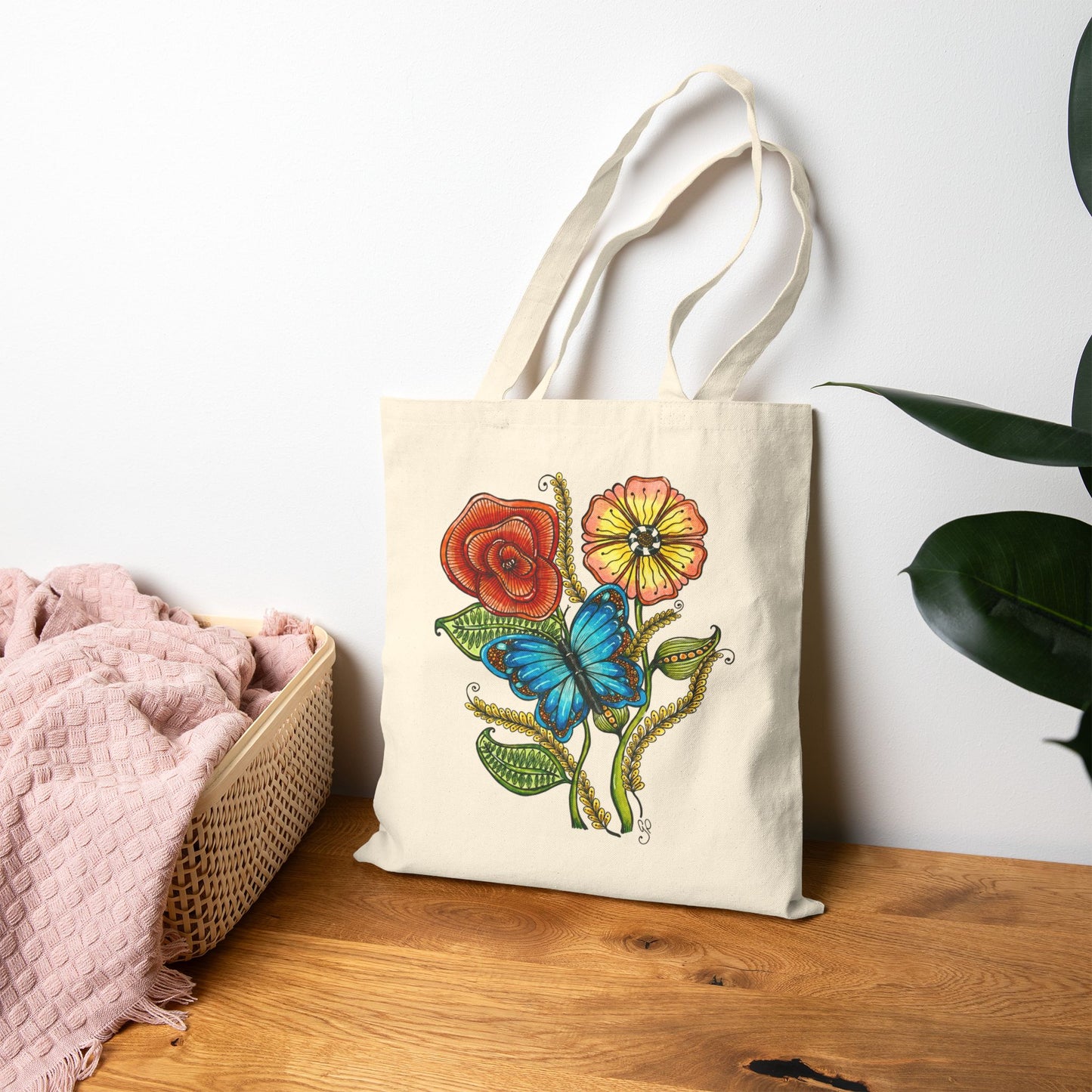 Blue Butterfly Cotton Canvas Tote Bag