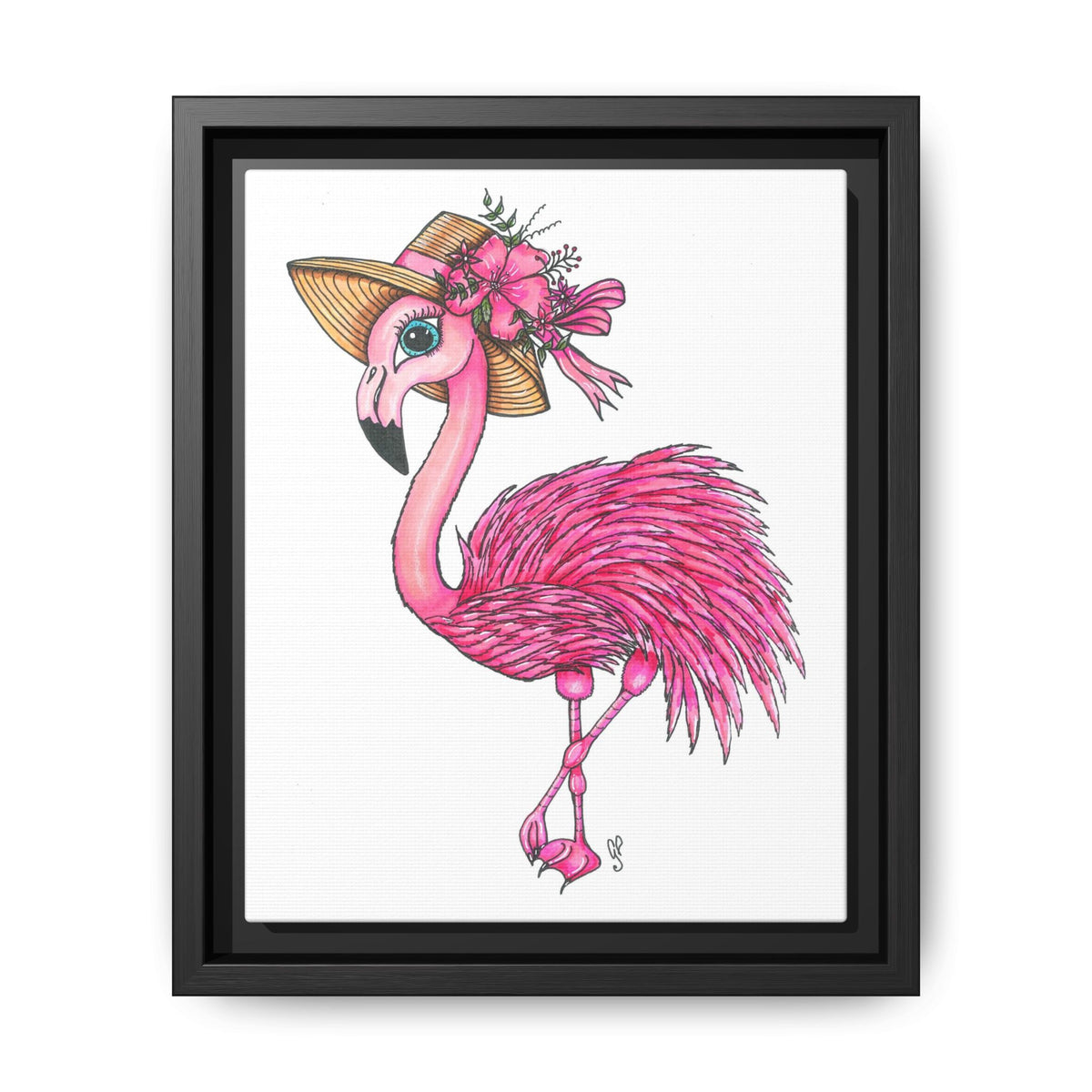 Framed matte canvas wall art of Francine the Flamingo illustration
