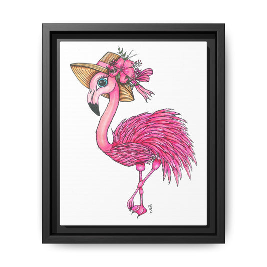 Framed matte canvas wall art of Francine the Flamingo illustration